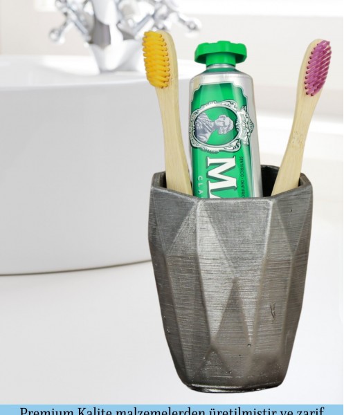 Diş Fırçalığı Tezgah Üstü Gümüş Eskitme Renk Diş Fırçası Standı Uzun Poly Model